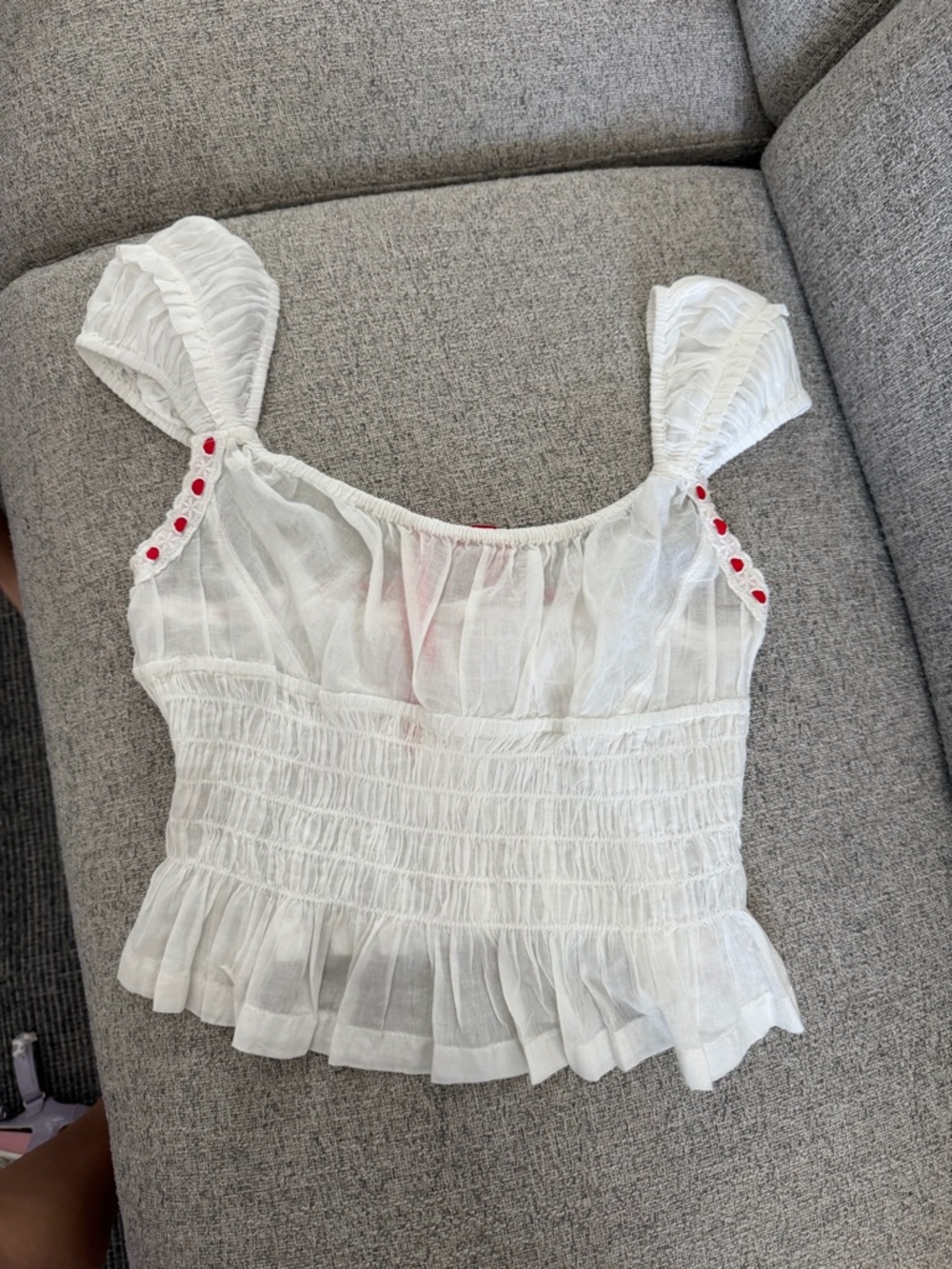 White Ruffled Smocked Crop Top with Red Button Detail